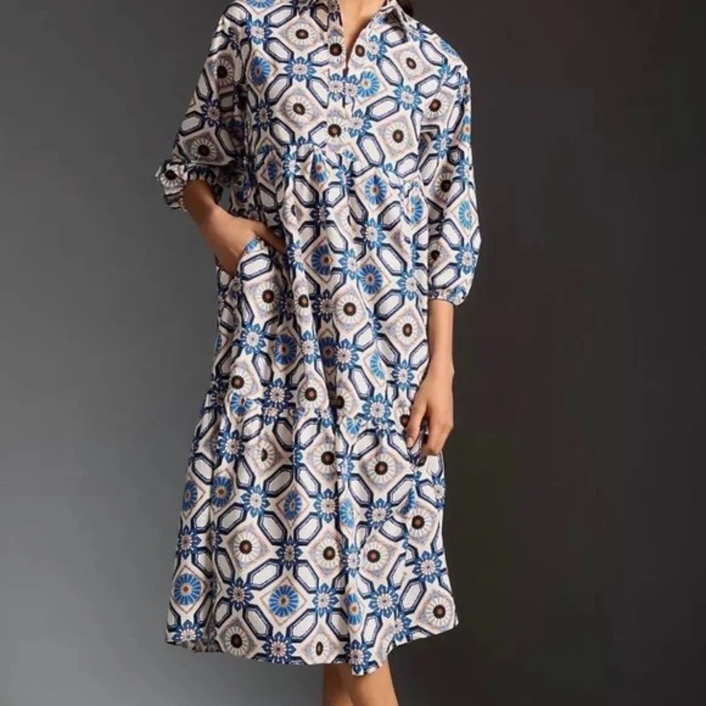 Anthropologie Bettina Tiered Shirt Dress Tile Print